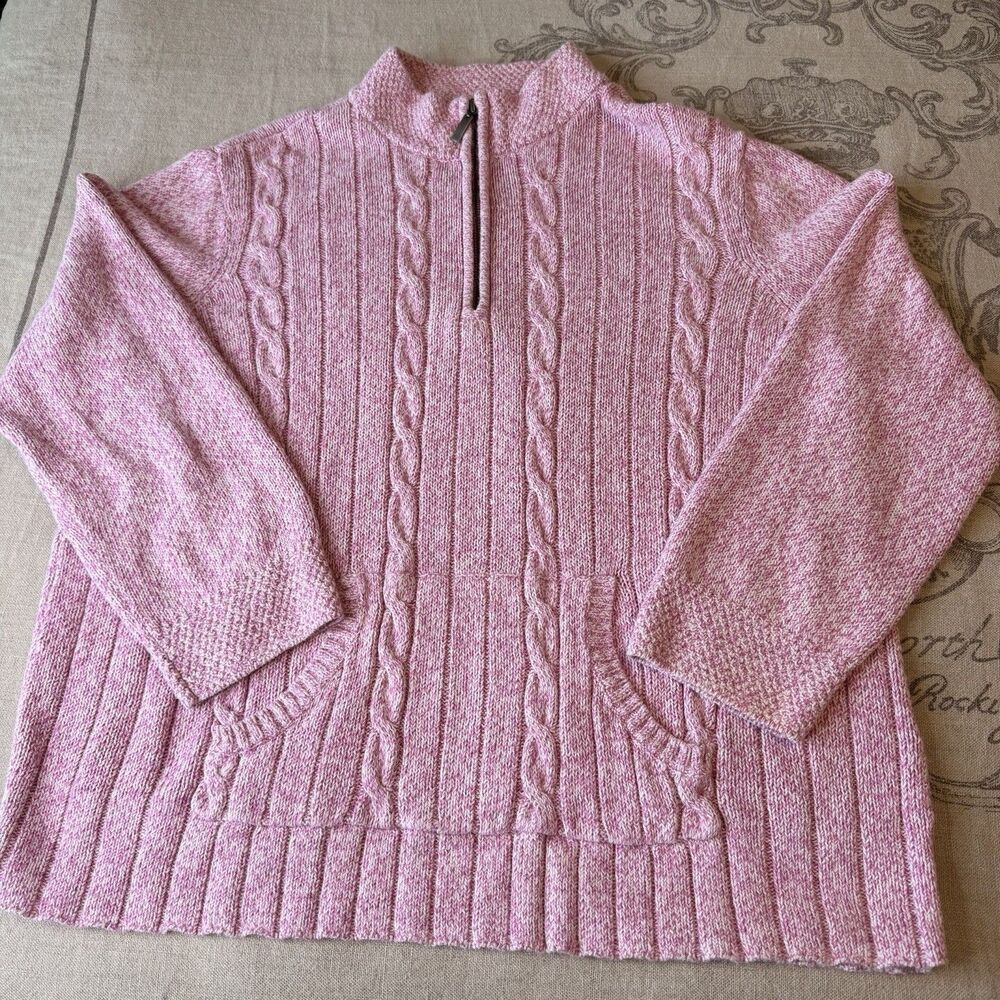 CJ Banks Womens 1X Pink Cable Knit Sweater Ramie Cotton Quarter Zip Pullover